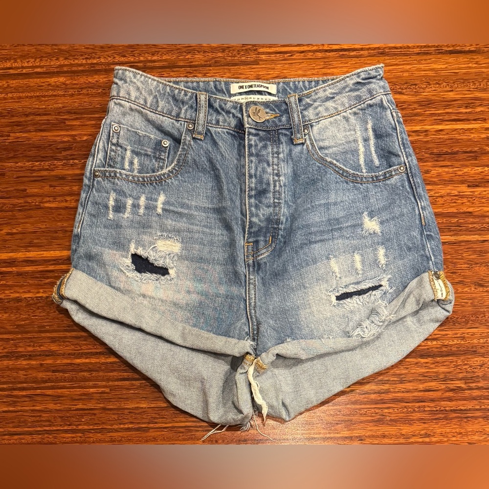 One Teaspoon Bandit Shorts 25 Blue Denim High Waisted Cuffed Distressed Raw Hem
